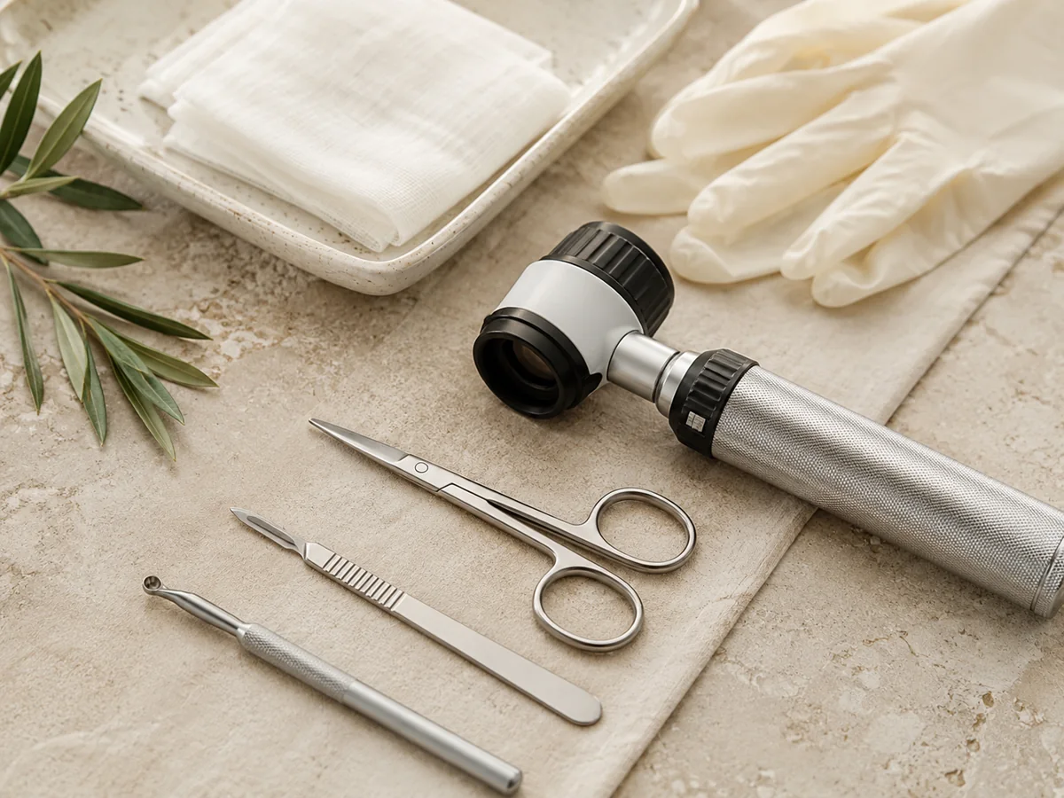 Instrumentos dermatológicos, luvas e gaze em composição clínica
