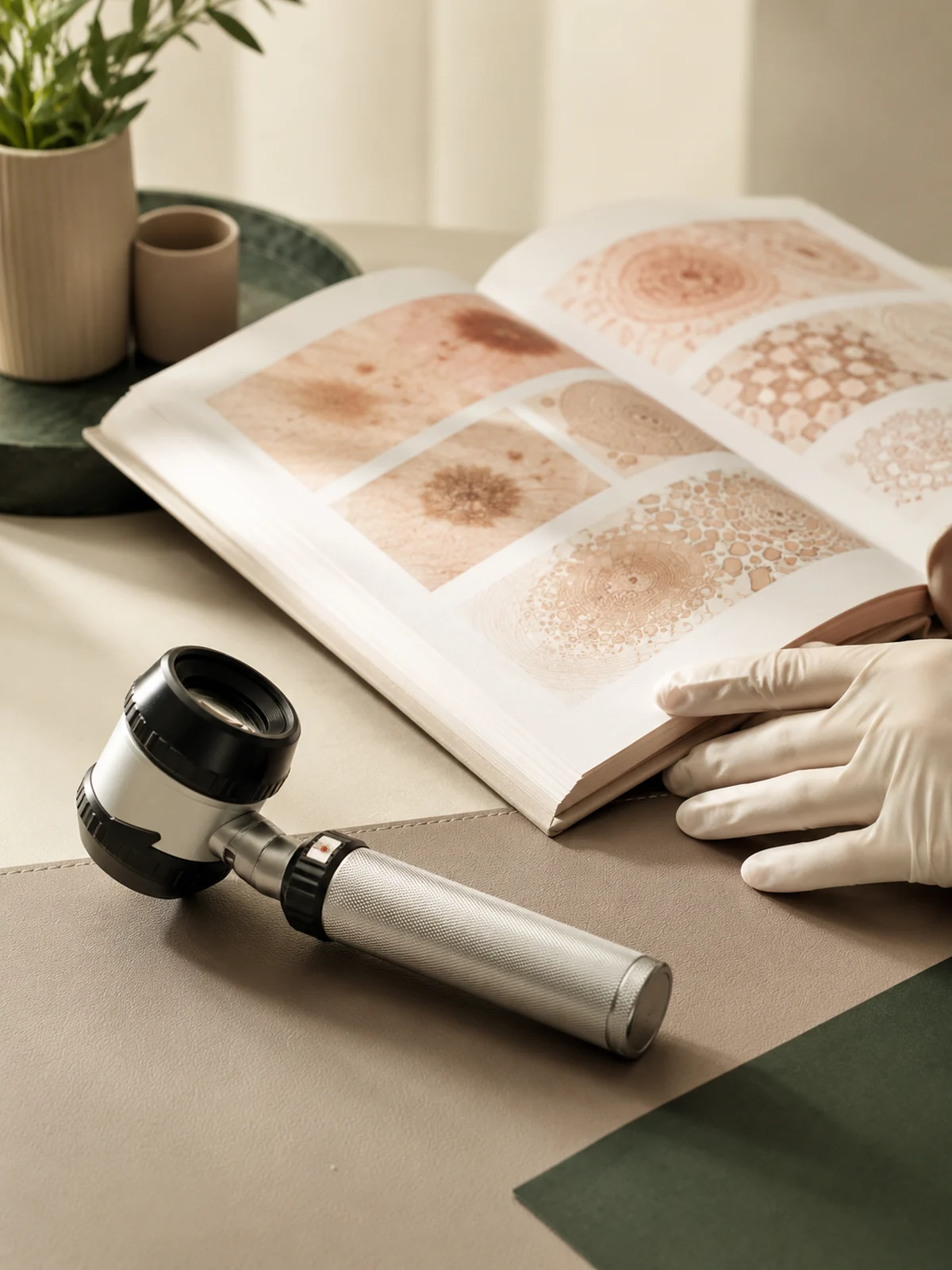 Dermatoscópio e atlas dermatológico em composição editorial